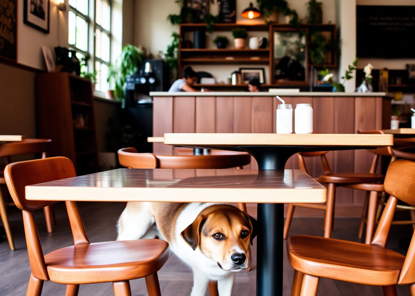 A French Bulldog sitting under a wooden table at a Cape Town café