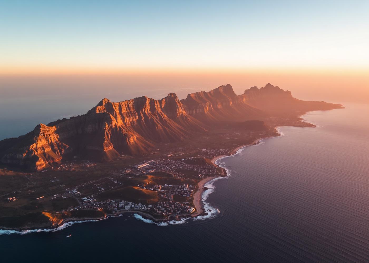 Aerial view of Cape Town coastline with Table Mountain